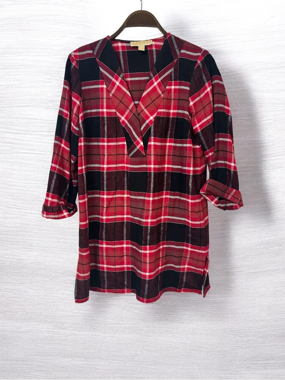 Michael Kors Red and Black Plaid V-Neck Tunic